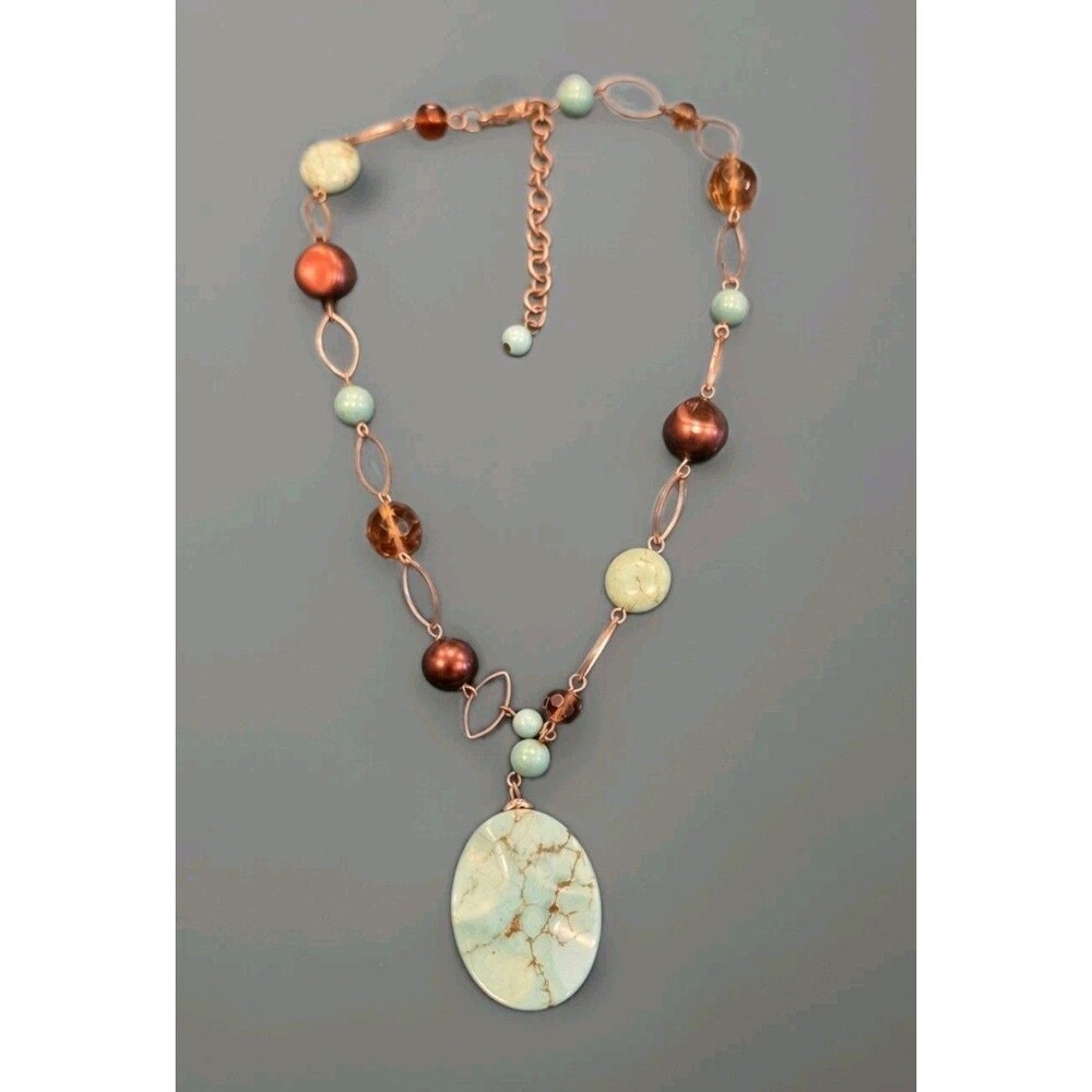 18" Handmade Copper Necklace Turquoise Howlite Pendant Pearls Amber Beads